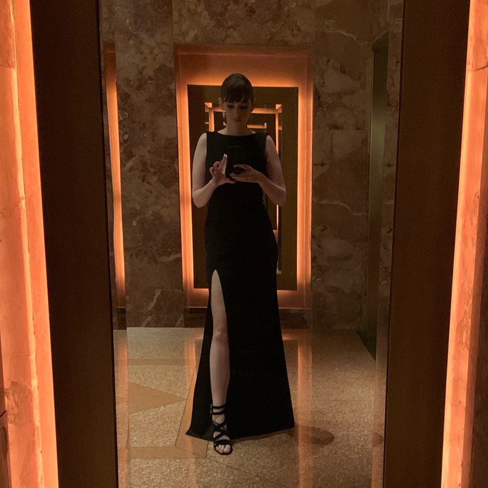 Formal open back crepe dress, black, leg slit